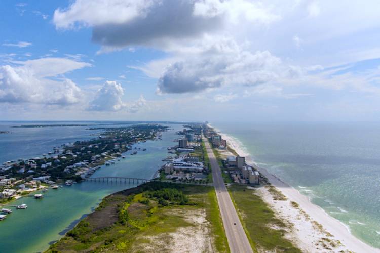 aerial view of Orange Beach Alabama with the waterway and gulf of mexico in sight